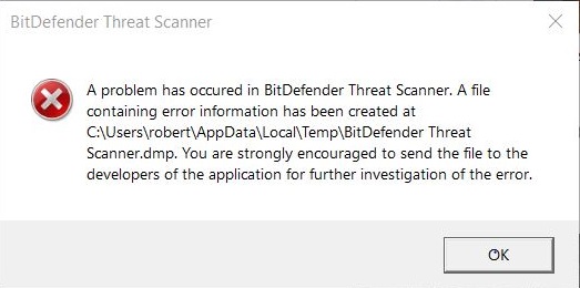 A Problem Has Occurred in BitDefender Threat Scanner